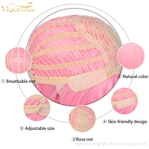 Vigorous Cheap pink Colored Short Bob Wig With Bangs Heat Resistant Synthetic Short Straight Wig For Women Cosplay Daily Use